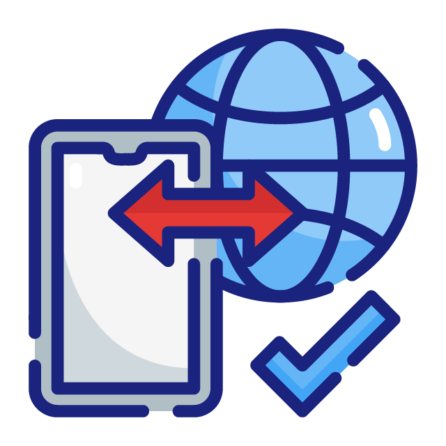 Small graphic of a mobile phone, a globe and a checkmark.