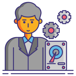 Small graphic showing a man with setting cogs and metrics device.