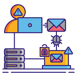 Small graphic showing a person and server with bugs trying to attack email services.