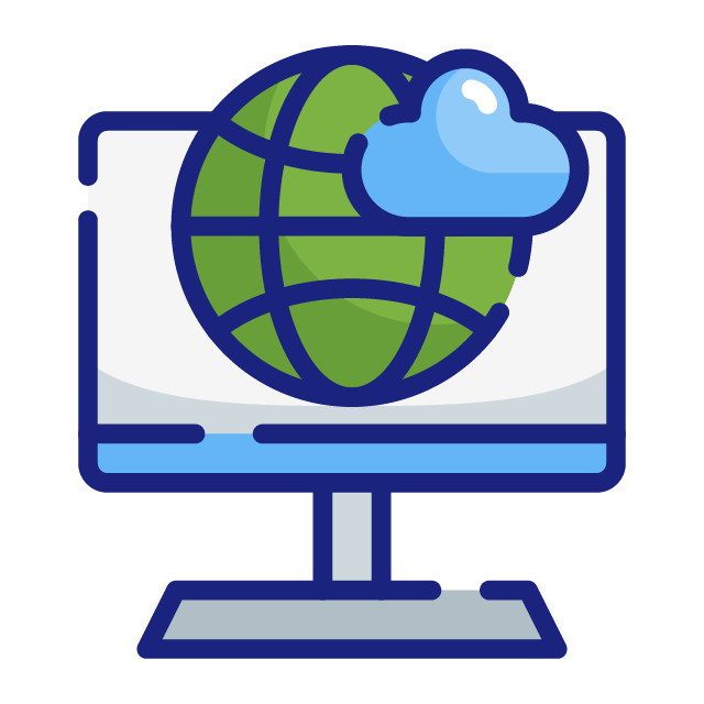 Small graphic of a cloud on a laptop with a green globe.
