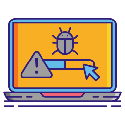 Small graphic showing a monitor with bug, warning symbol and progress bar on the screen, to represent further testing.
