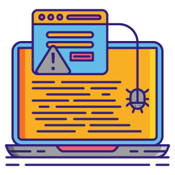 Small graphic showing a website screen on a laptop with a bug and code.