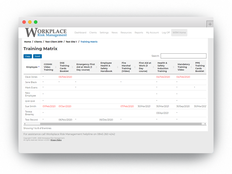 Screenshot of our case study software showing a training matrix part of incident report software.