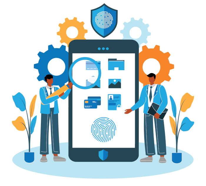 Graphic showing 2 people with a mobile and a magnifier.
