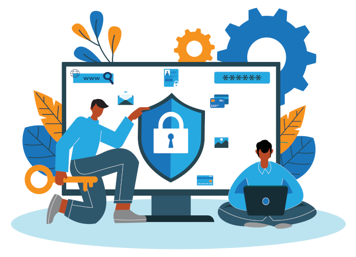 Graphic showing people and a large monitor with a shield and a lock to represent the penetration test meaning.