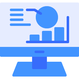 Blue icon of computer monitor with elements on the screen.