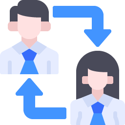 Blue icon with two people and arrows, creating a loop.