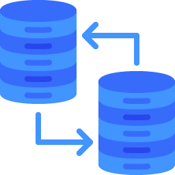 Blue icon of 2 cylinder servers with looping arrows.