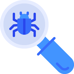 Blue icon of magnifying glass and a bug in the middle.