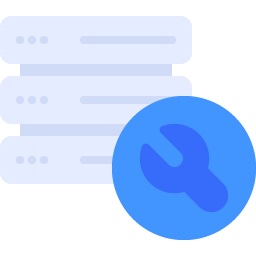 Blue icon of server and spanner for maintenance.
