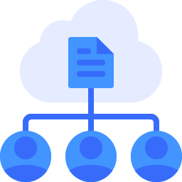 Blue icon with cloud with people representing developers uploading code.