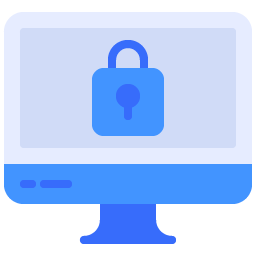 Blue icon with monitor and lock on the screen.