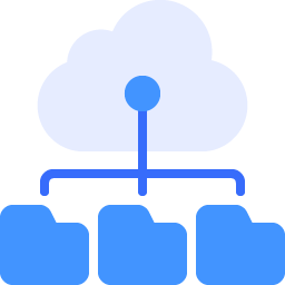 Blue icon of a cloud, with 3 computer folders connected to it.
