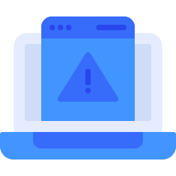 Blue icon of laptop with warning symbol on the screen.
