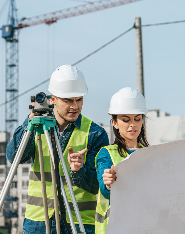 Photo of male and female looking at plans on a building site with a crane in the background.