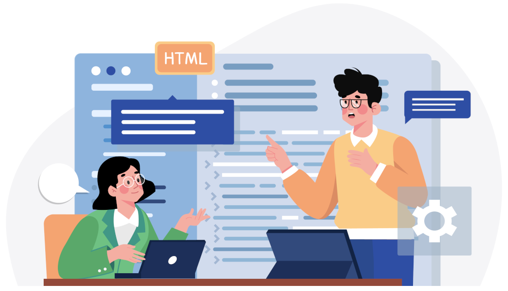 Graphic of woman and man coding on laptops with enlarged computer screen behind them.