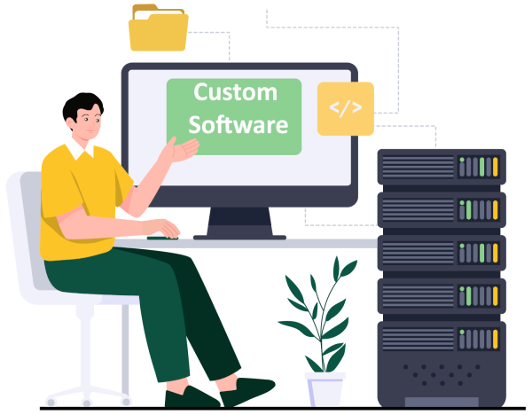 Graphic of a man with sat at a computer with custom software on the screen, one server representing how custom software can solve siloed data.