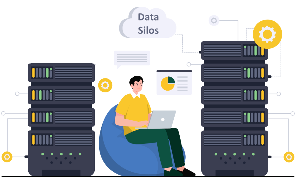 Graphic of a man with a laptop sat on a bean bag and computer windows, 2 separate servers representing silos of data and the wording data Silos on a computer cloud.