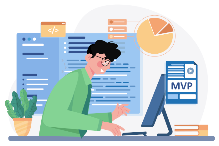 Graphic of a man developing and MVP minimum viable product with a monitor and enlarged monitor screens behind him.