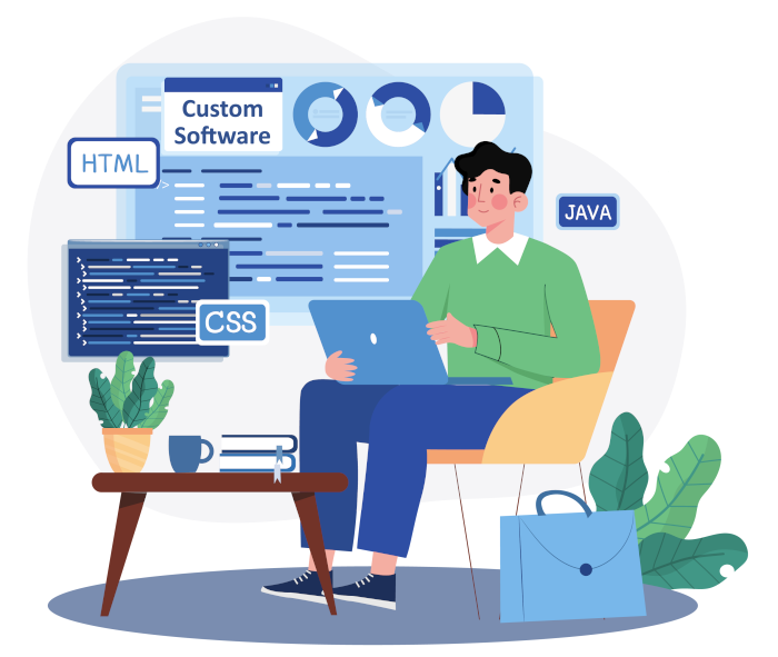 Graphic of man with laptop and computer screens behind him developing custom software.