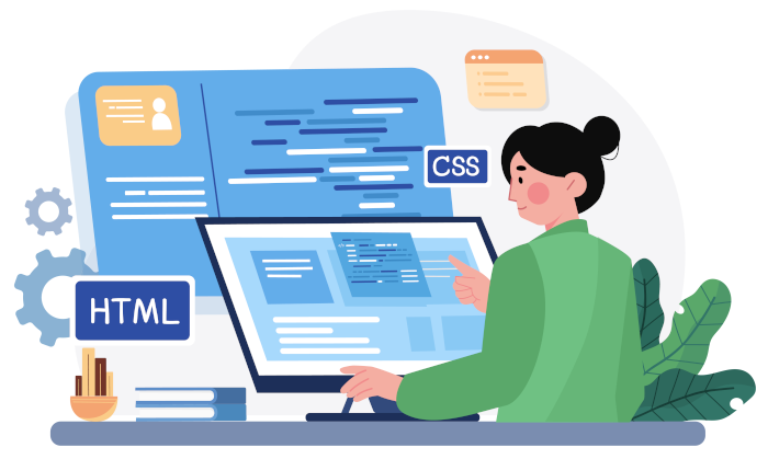 Graphic of a woman writing code on a computer.