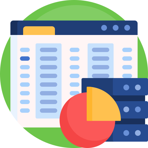 Graphic showing a computer window with lists, a server and pie chart.