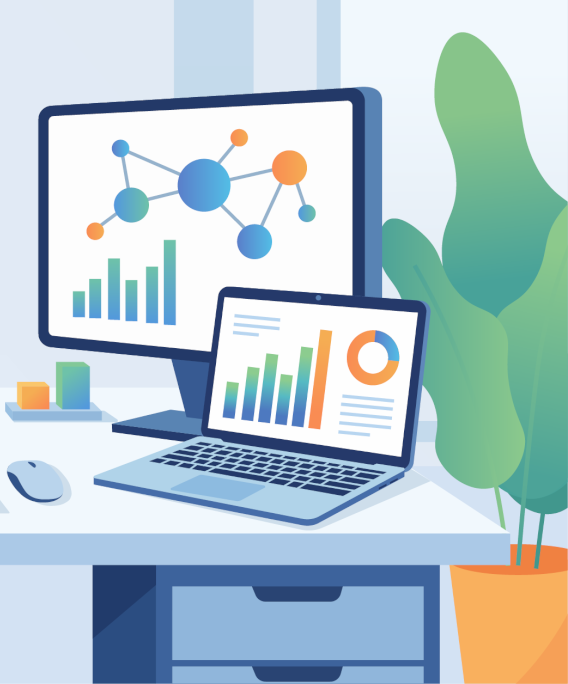Graphic of a monitor and laptop, with graphs on the monitor and laptop screen.
