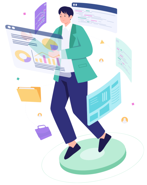 Graphic showing a woman, surrounded by computer  windows swirling round him, to represent dashboard UI design.