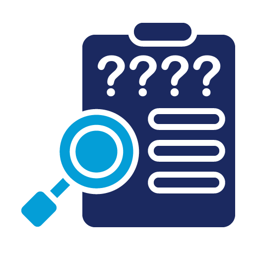 Icon of a clipboard with magnifying glass and question marks on the top
