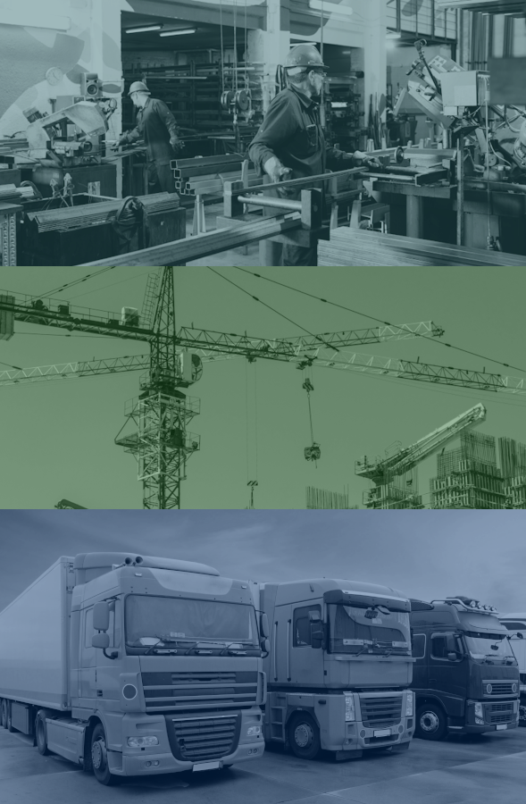 Various industries greyscale photos with colour overlays of manufacturing, construction and transport.