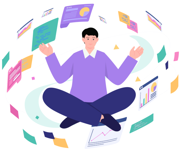 Graphic showing a man, surrounded by computer windows swirling round him, to represent dashboard interface design.