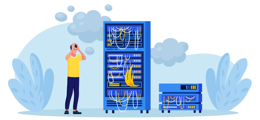 Graphic showing a server on fire and a man with his head in his hands, the server has wires hanging out of it.