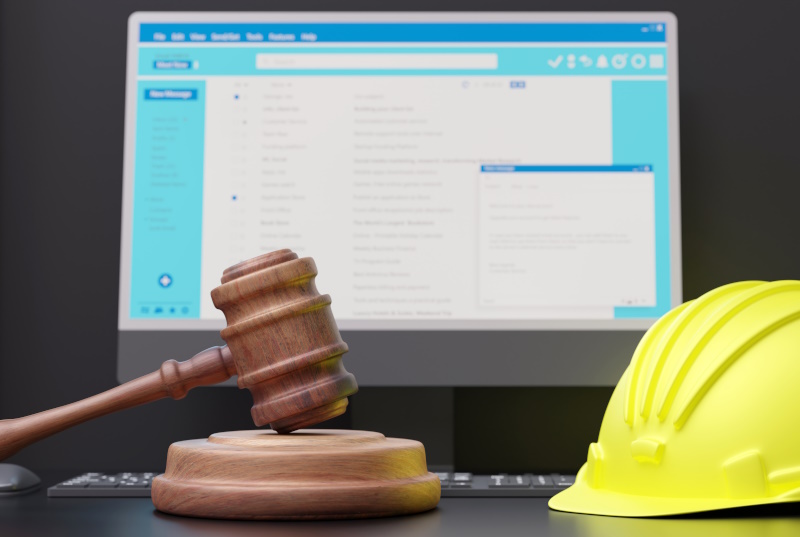 Photo of gavel and construction safety hat in front of a laptop screen showing risk and compliance software.