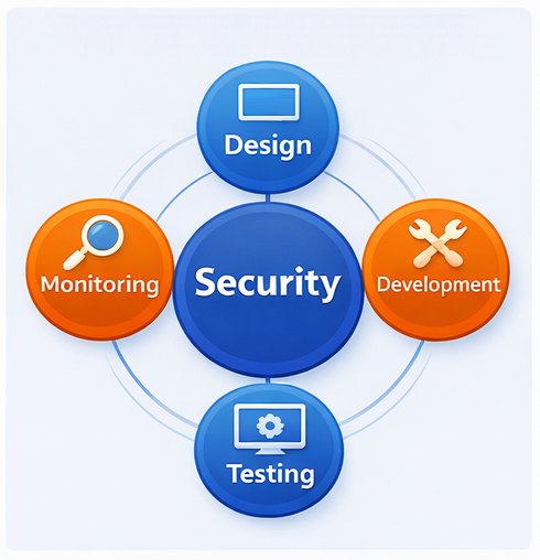 Infographic showing security in development of Design, Development, Testing and Monitoring.