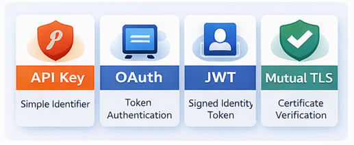 Infographic denoting the information below, with titles, condenscened content and with icons to represent each type of Authentication method.