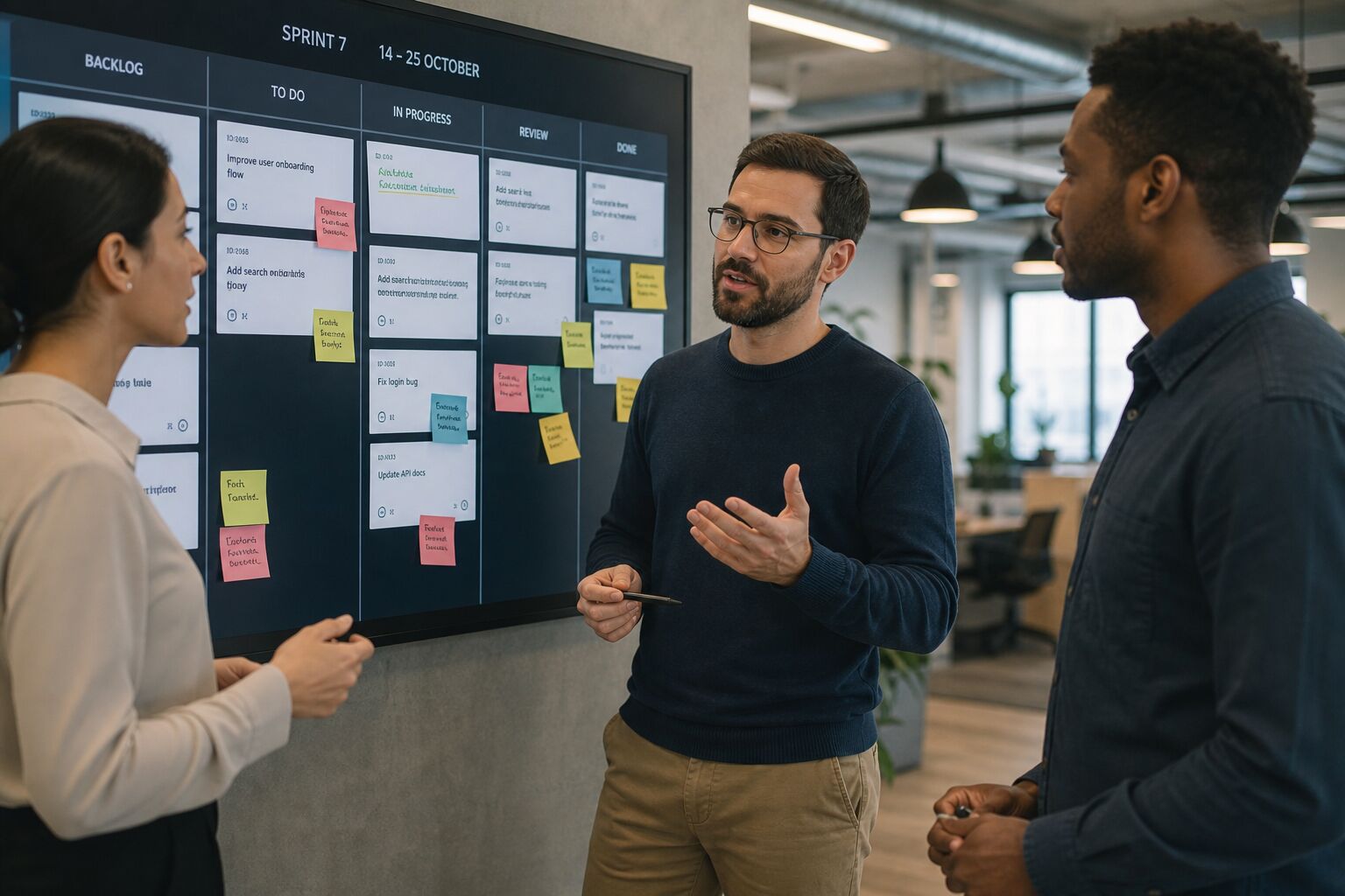 Team discussion at the project board